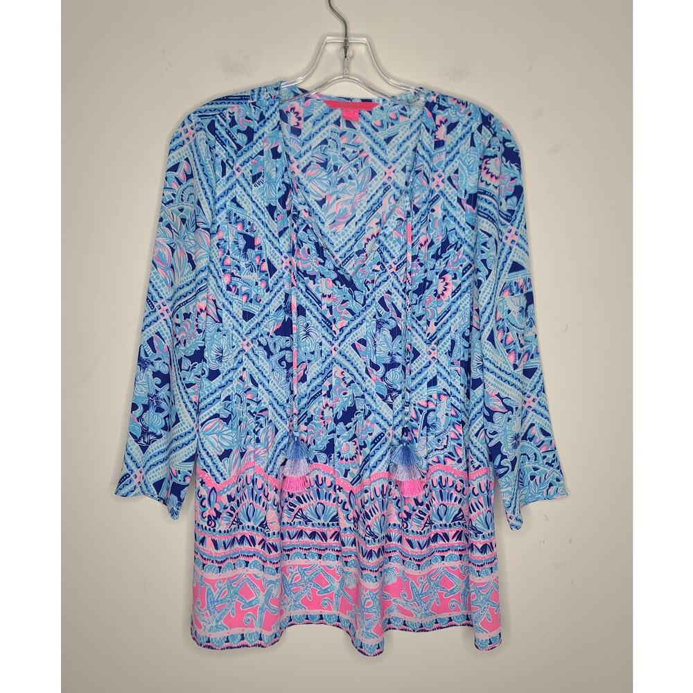 Lilly Pulitzer blue white pink pleated v-neck tunic blouse shirt - XS